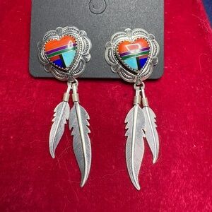 Multicolor Heart Inlay Feather Drop Earrings - Women